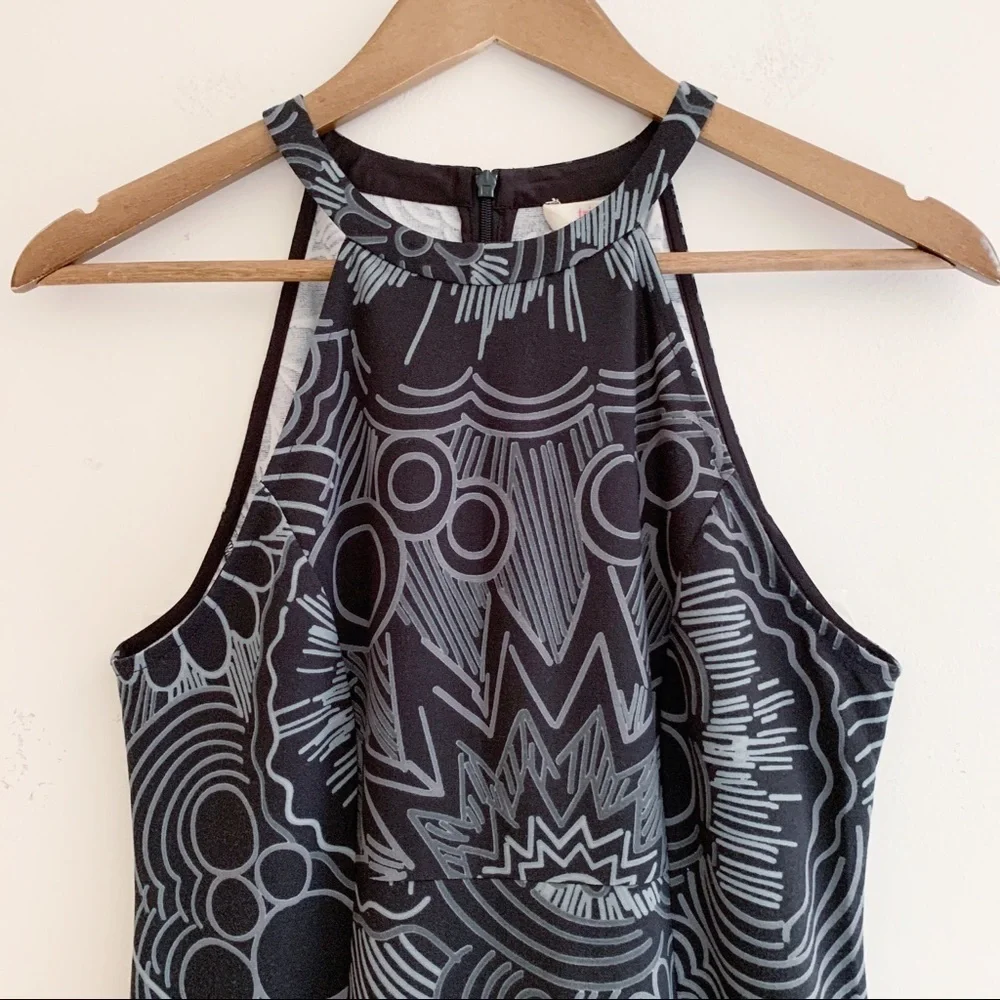Trina Turk Grey Retro Floral Print Jersey Halter Dress Sz 2 Summer Vacation
